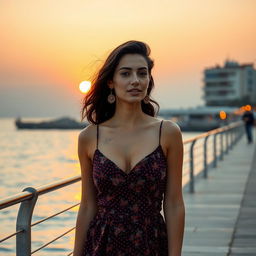 Capture a lifelike image of a Sephardic woman featuring high cheekbones and full lips, dressed in a stylish yet modest dress that tastefully covers her bust
