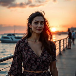 Capture a lifelike image of a Sephardic woman featuring high cheekbones and full lips, dressed in a stylish yet modest dress that tastefully covers her bust
