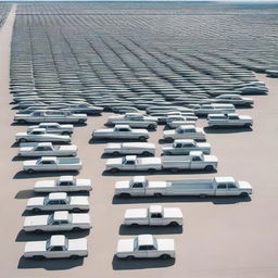 A massive concrete parking lot, as far as the eye can see, filled to the brim with Ford pickup trucks