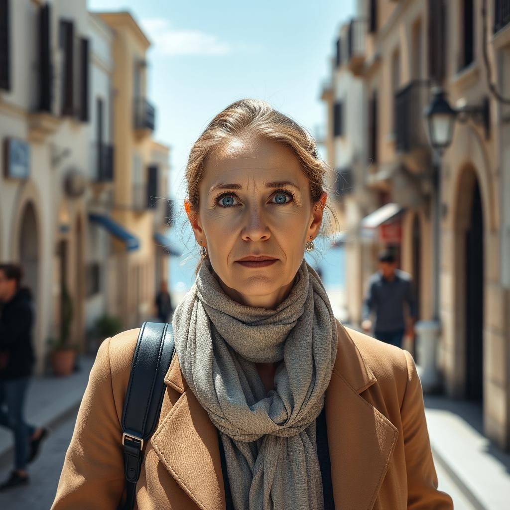 A realistic portrait of an Ashkenazi Jewish woman aged 35-40, showcasing expressive blue eyes