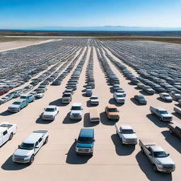 A massive concrete parking lot, as far as the eye can see, filled to the brim with Ford pickup trucks