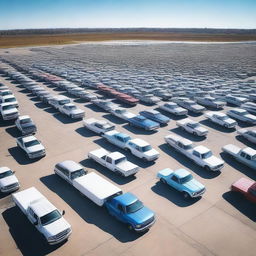 A massive concrete parking lot, as far as the eye can see, filled to the brim with Ford pickup trucks