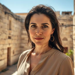 A realistic portrait of an Ashkenazi Jewish woman aged 35-40, featuring dark hair and expressive brown eyes
