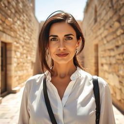 A realistic portrait of an Ashkenazi Jewish woman aged 35-40, featuring dark hair and expressive brown eyes