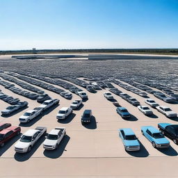 A massive concrete parking lot, as far as the eye can see, filled to the brim with Ford pickup trucks