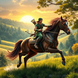 A heroic figure resembling a classic Robin Hood, dressed in green and brown attire, riding a majestic, powerful horse that symbolizes strength and grace