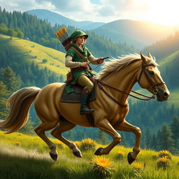 A heroic figure resembling a classic Robin Hood, dressed in green and brown attire, riding a majestic, powerful horse that symbolizes strength and grace