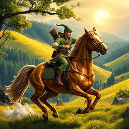 A heroic figure resembling a classic Robin Hood, dressed in green and brown attire, riding a majestic, powerful horse that symbolizes strength and grace