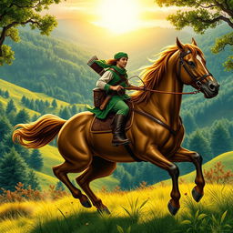 A heroic figure resembling a classic Robin Hood, dressed in green and brown attire, riding a majestic, powerful horse that symbolizes strength and grace