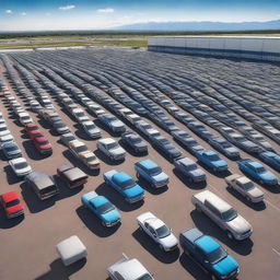 Incredibly realistic image of an infinite parking lot teeming with a multitude of Ford pickup trucks, each displayed with meticulous detail in groundbreaking photorealistic quality