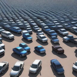 Incredibly realistic image of an infinite parking lot teeming with a multitude of Ford pickup trucks, each displayed with meticulous detail in groundbreaking photorealistic quality