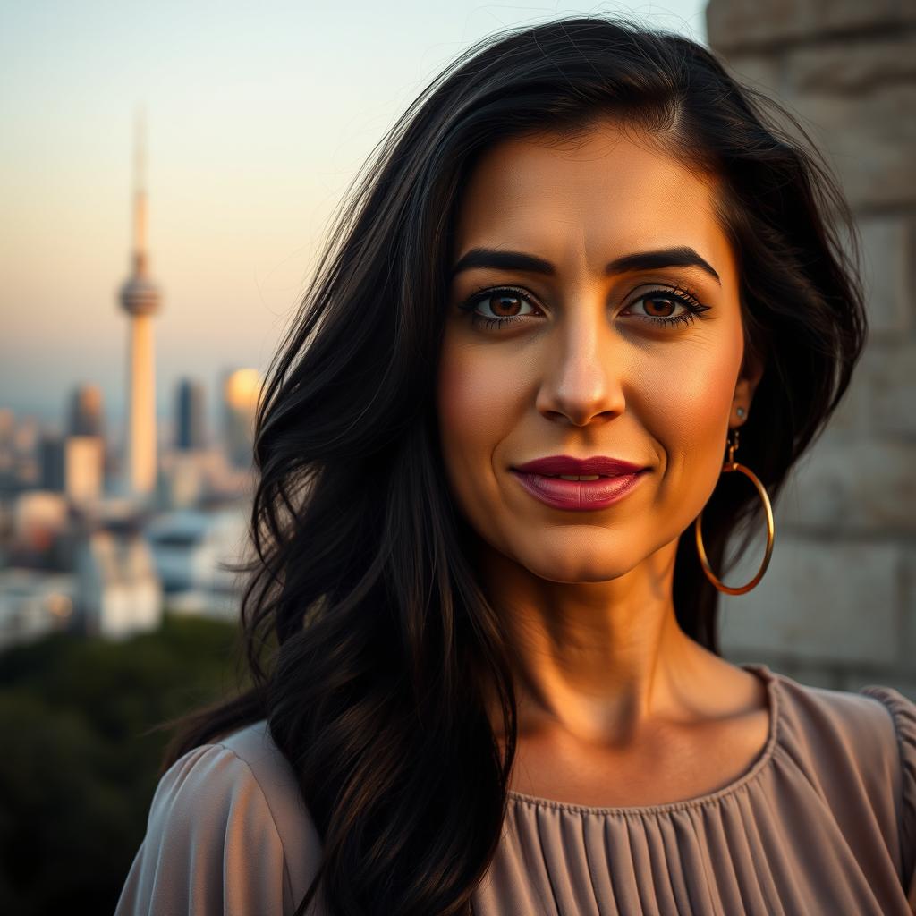 Create a lifelike portrait of an Ashkenazi Jewish woman aged 35-40, featuring dark hair and expressive features