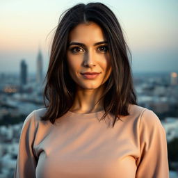 Create a lifelike portrait of an Ashkenazi Jewish woman aged 35-40, featuring dark hair and expressive features