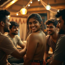 A captivating scene set in a humble lodge featuring a cute 18-year-old Indian girl, surrounded by a playful atmosphere