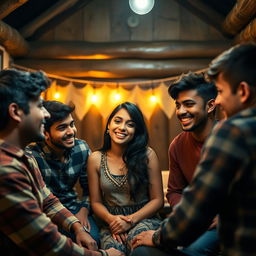 A captivating scene set in a humble lodge featuring a cute 18-year-old Indian girl, surrounded by a playful atmosphere