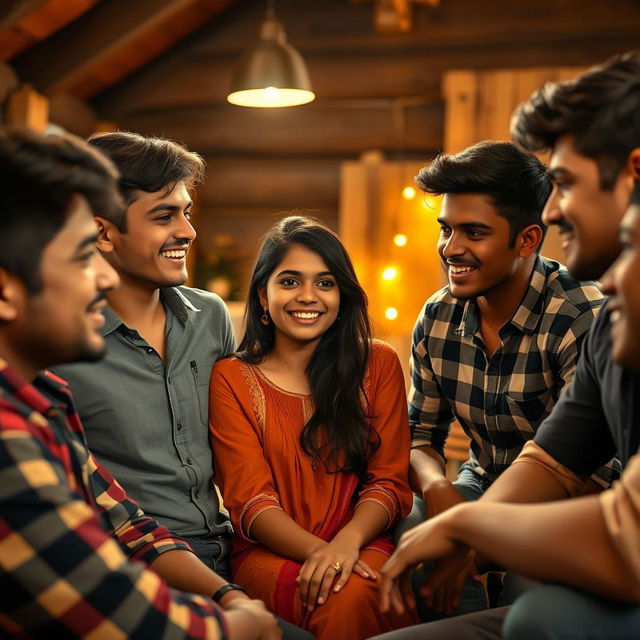 A captivating scene set in a humble lodge featuring a cute 18-year-old Indian girl, surrounded by a playful atmosphere