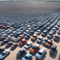 Incredibly realistic image of an infinite parking lot teeming with a multitude of Ford pickup trucks, each displayed with meticulous detail in groundbreaking photorealistic quality