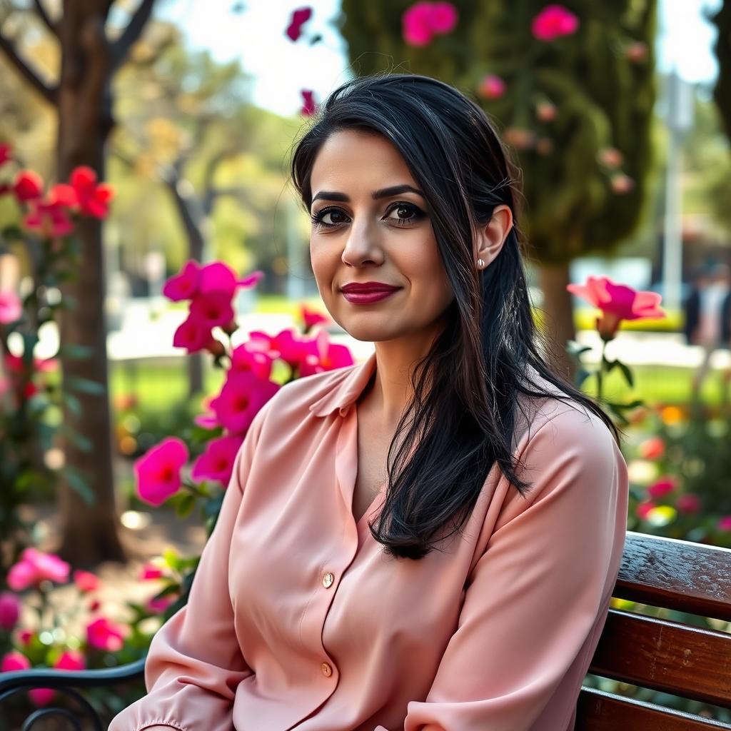 Capture a photo-realistic image of a Sephardic woman in her late 30s, featuring dark hair and full lips