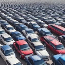 Incredibly realistic image of an infinite parking lot teeming with a multitude of Ford pickup trucks, each displayed with meticulous detail in groundbreaking photorealistic quality