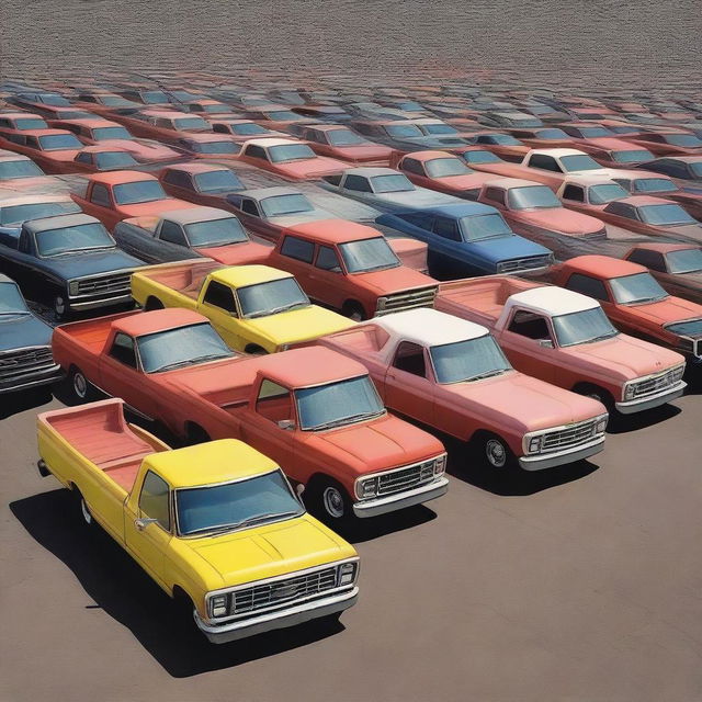 A humorous, yet photorealistic depiction of a parking lot overflowing with an exaggerated quantity of Ford pickup trucks