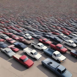 A humorous, yet photorealistic depiction of a parking lot overflowing with an exaggerated quantity of Ford pickup trucks