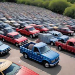 A humorous, yet photorealistic depiction of a parking lot overflowing with an exaggerated quantity of Ford pickup trucks