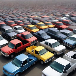 A humorous, yet photorealistic depiction of a parking lot overflowing with an exaggerated quantity of Ford pickup trucks