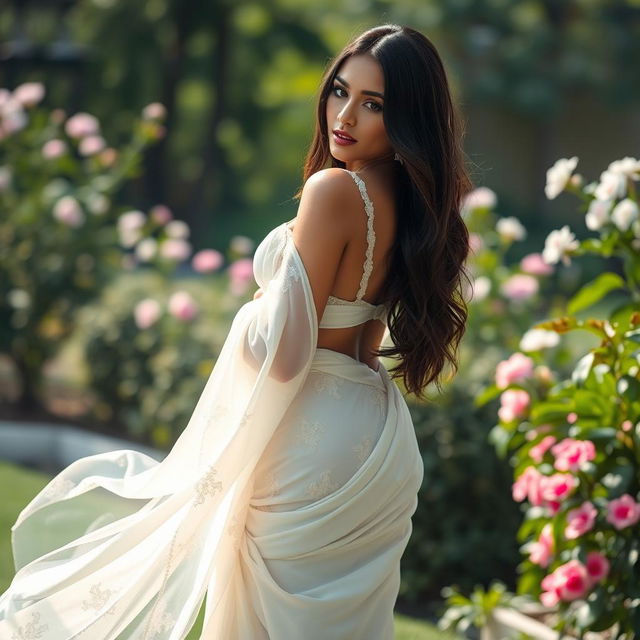 A sexy woman wearing a flowing white saree that elegantly drapes around her figure, highlighting her curves