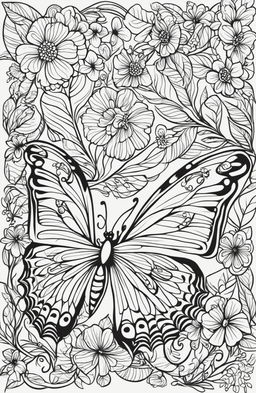 A detailed butterfly surrounded by nature elements on a coloring book page.