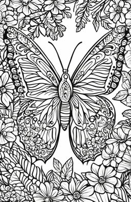 A detailed butterfly surrounded by nature elements on a coloring book page.