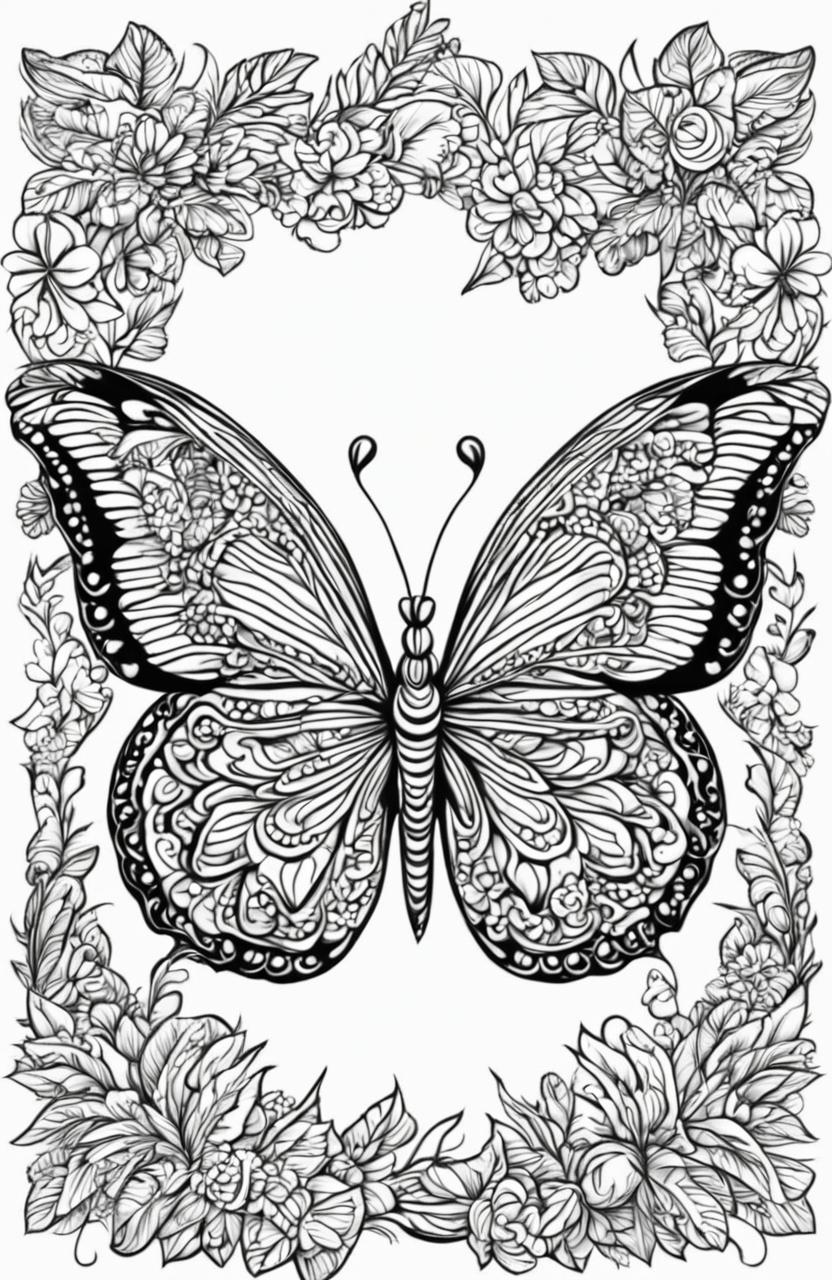 A detailed butterfly surrounded by nature elements on a coloring book page.