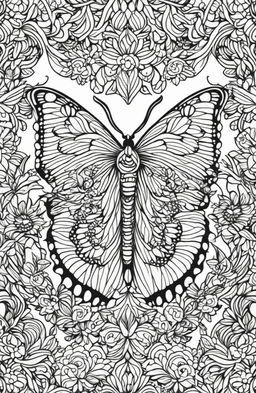 A detailed butterfly surrounded by nature elements on a coloring book page.