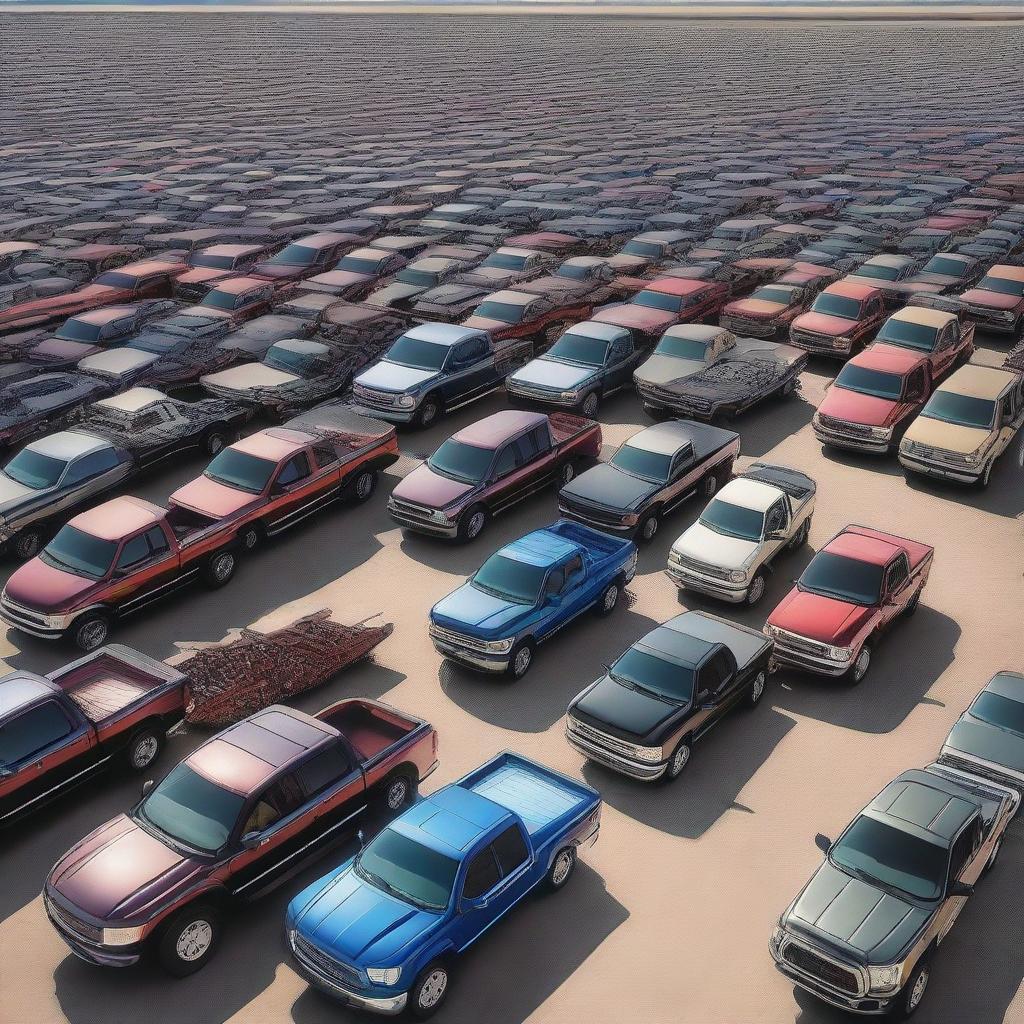 Photorealistic depiction of a vast parking lot filled exclusively with Ford pickup trucks