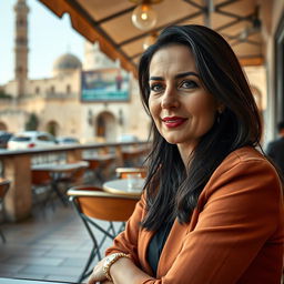 Capture a photo-realistic image of a Sephardic woman aged 35-40, featuring dark hair