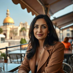 Capture a photo-realistic image of a Sephardic woman aged 35-40, featuring dark hair