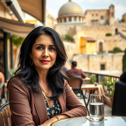 Capture a photo-realistic image of a Sephardic woman aged 35-40, featuring dark hair