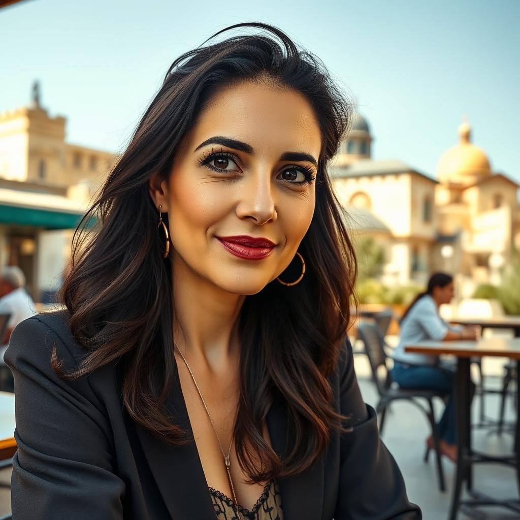 Capture a photo-realistic image of a Sephardic woman aged 35-40, featuring dark hair