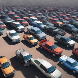 Photorealistic depiction of a vast parking lot filled exclusively with Ford pickup trucks