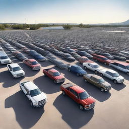 Photorealistic depiction of a vast parking lot filled exclusively with Ford pickup trucks