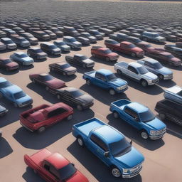 Photorealistic depiction of a vast parking lot filled exclusively with Ford pickup trucks