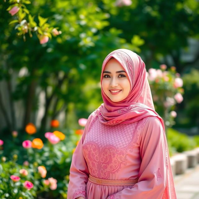 A beautiful woman in traditional Muslim dress, featuring a vibrant hijab adorned with intricate patterns and embroidery