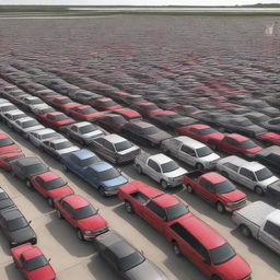 A funny yet hyper-realistic image of an gigantic congregation of Ford F-150 trucks, each captured with meticulous detail