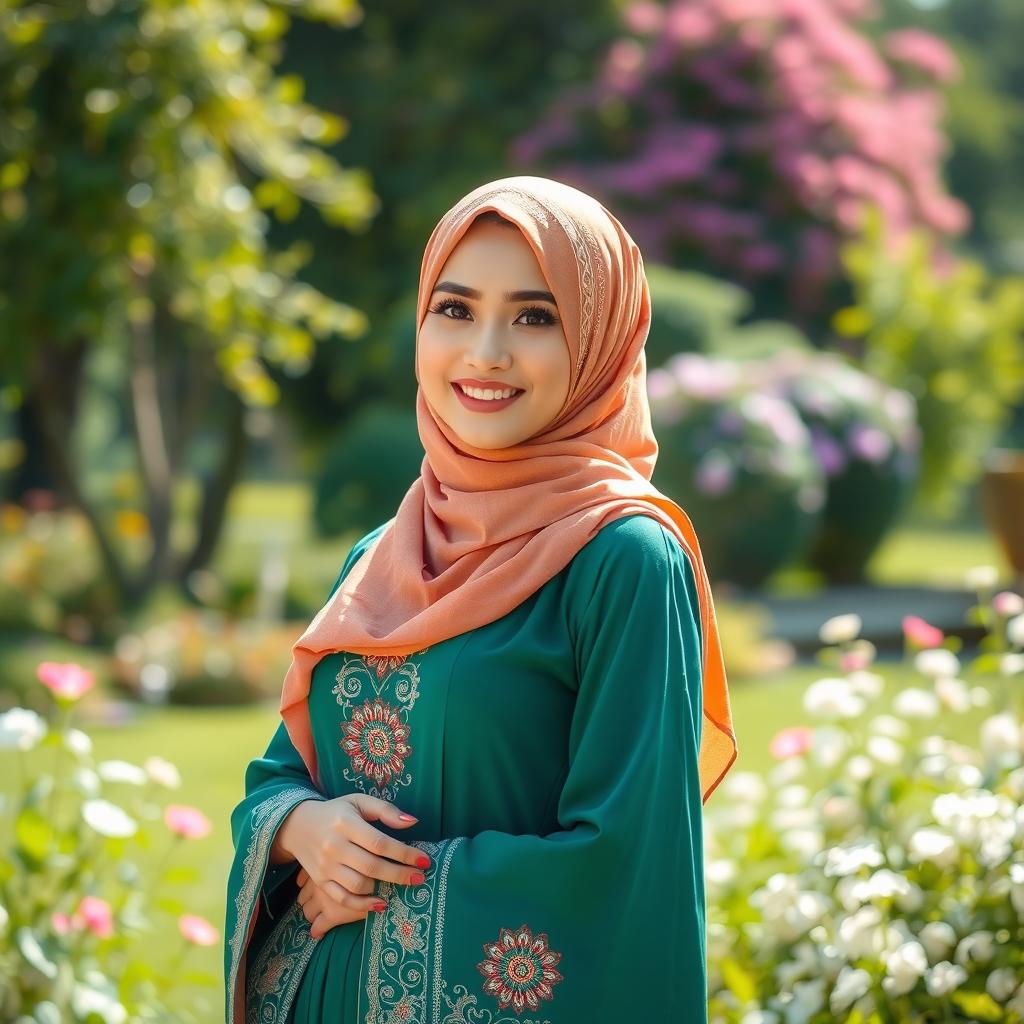 A beautiful woman in traditional Muslim dress, featuring a vibrant hijab adorned with intricate patterns and embroidery