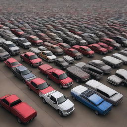 A funny yet hyper-realistic image of an gigantic congregation of Ford F-150 trucks, each captured with meticulous detail