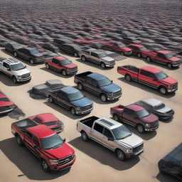 A funny yet hyper-realistic image of an gigantic congregation of Ford F-150 trucks, each captured with meticulous detail