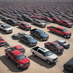 A funny yet hyper-realistic image of an gigantic congregation of Ford F-150 trucks, each captured with meticulous detail