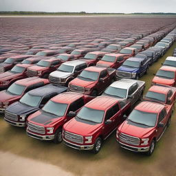 A funny yet hyper-realistic image of an gigantic congregation of Ford F-150 trucks, each captured with meticulous detail