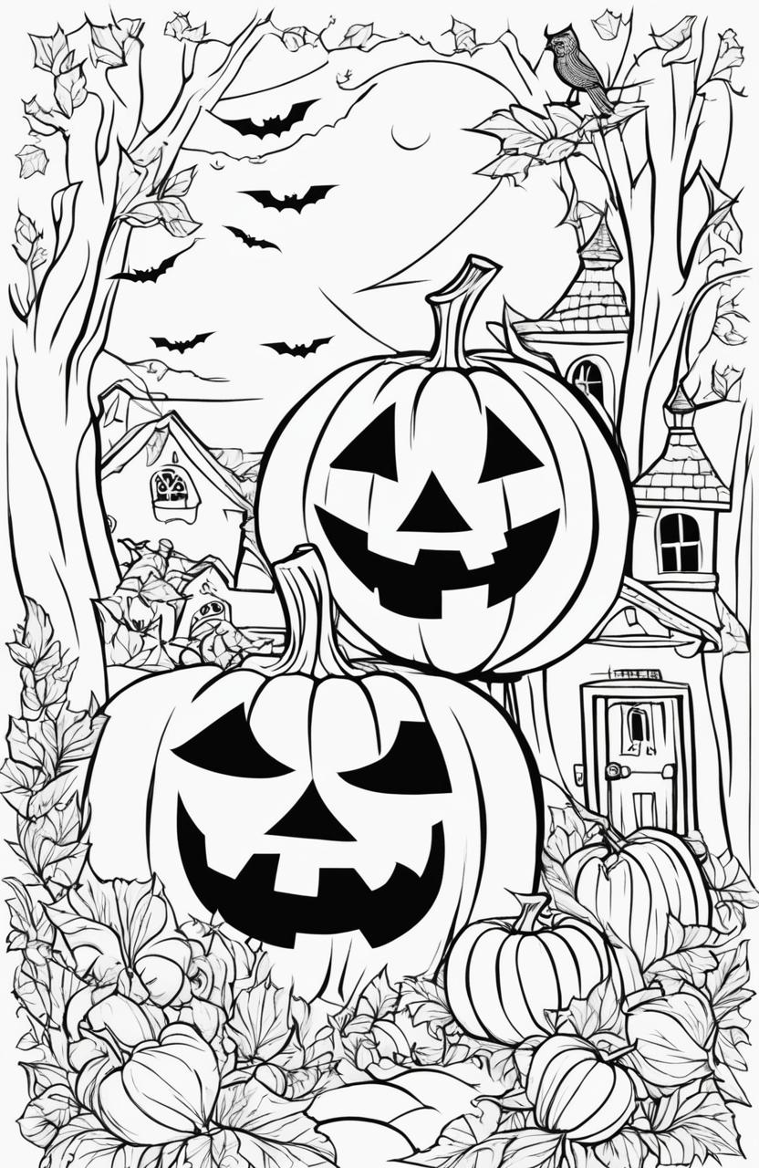 A Halloween colouring page featuring a grinning jack-o'-lantern, costumed children ready for trick-or-treating, a full moon with bats, a haunted house with ghosts, and a frame of gnarled trees with falling leaves