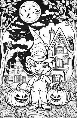 A Halloween colouring page featuring a grinning jack-o'-lantern, costumed children ready for trick-or-treating, a full moon with bats, a haunted house with ghosts, and a frame of gnarled trees with falling leaves