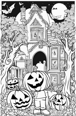 A Halloween colouring page featuring a grinning jack-o'-lantern, costumed children ready for trick-or-treating, a full moon with bats, a haunted house with ghosts, and a frame of gnarled trees with falling leaves